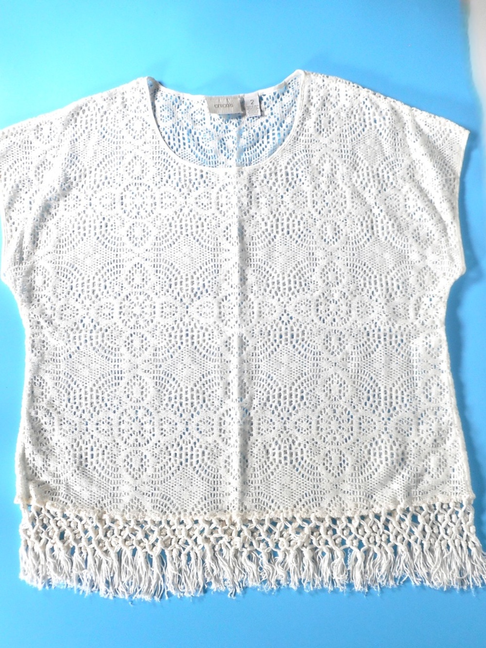 Chico's Cream Crochet Boho Sz 2 L 12 Tunic Top Lace Braided Fringe Sleeveless